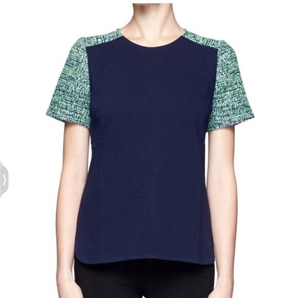 J.Crew Navy & Green Tweed Sleeve Short Sleeve Tee - Large - Picture 1 of 7